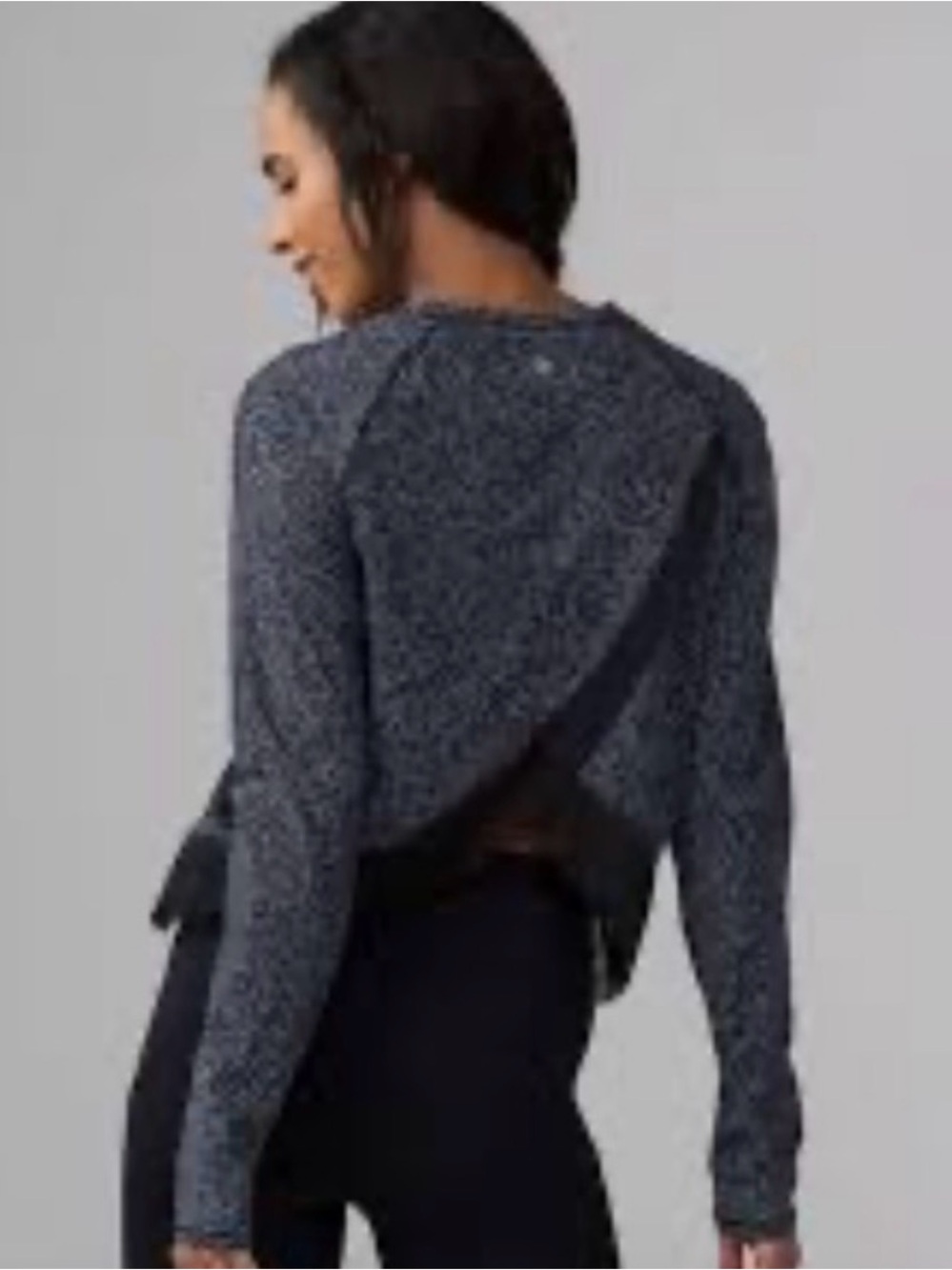 Lululemon Quick Pace 8 Long Sleeve Black Speckled Top with a Crossover Mesh Back